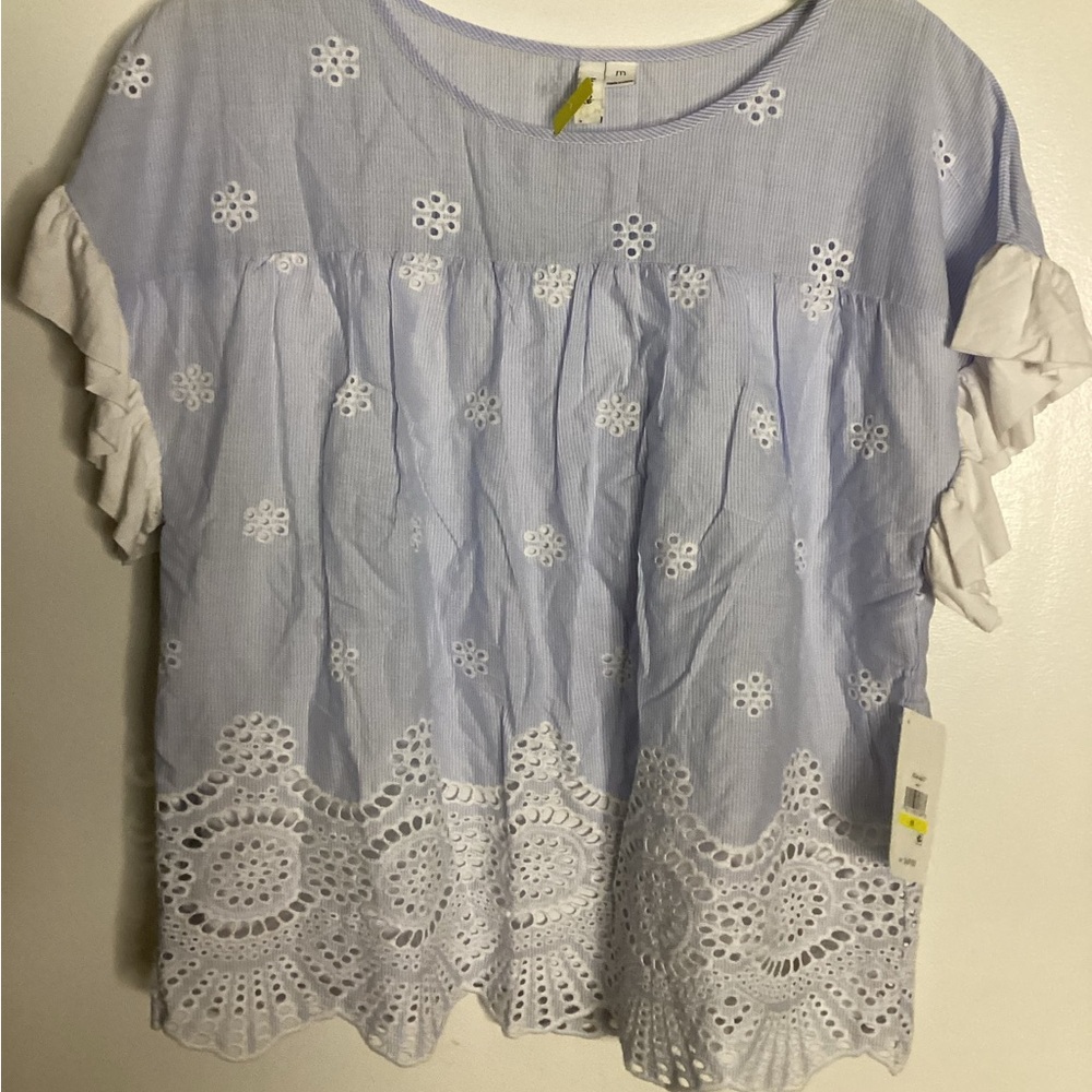 Kensie Light Blue and White Eyelet Blouse M